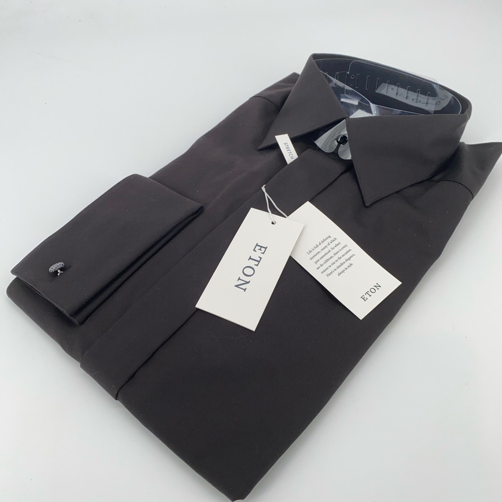 Eton Dress Shirt Men's 15-38‎ Black Stretch Contemporary Fit Collared Button Up